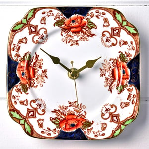 Image of Navy Blue and Brown Square Vintage China Plate Wall Clock