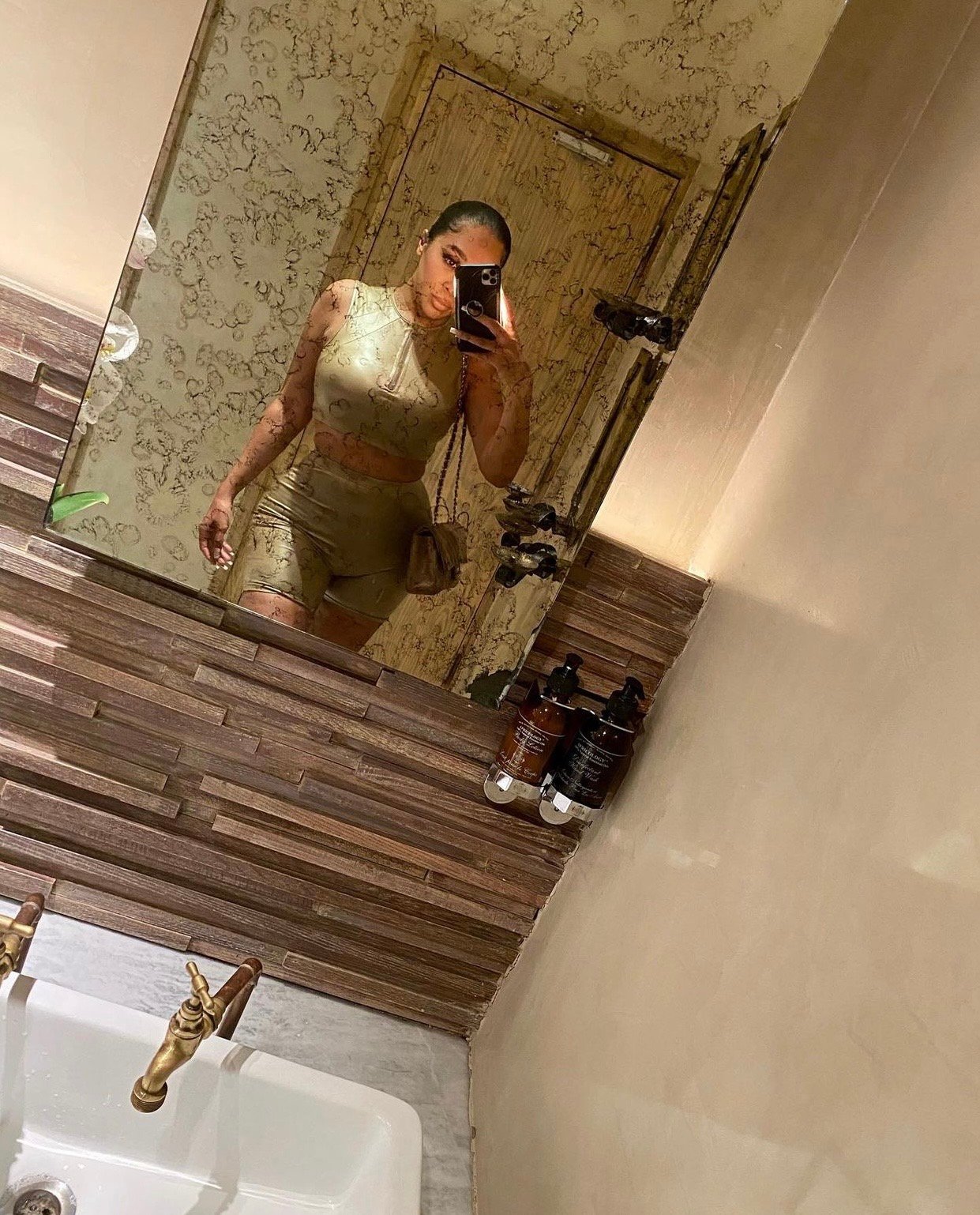 Image of BEIGE COATED LEATHER CROP TOP & BIKER SHORT SET (MEDIUM)