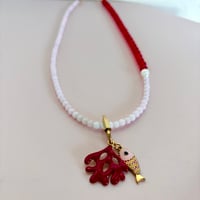 Image 3 of Red and pink glass bead and pearl necklace with carabiner and fish 