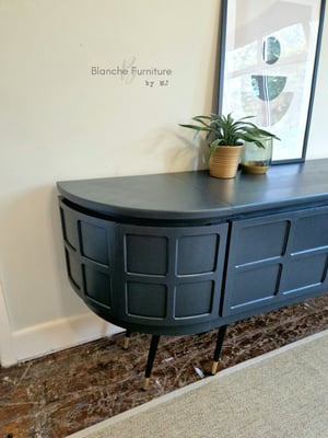Image of Long Curved Nathan Sideboard in Dark Grey on Black & Gold Tapered Legs