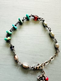 Image 16 of silvery pearl and turquoise nugget charm bracelet with adjustable chain