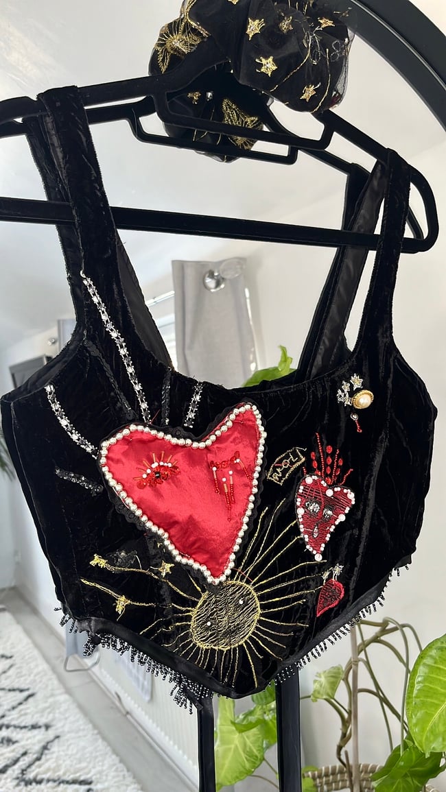 Handmade Heavy Embellished Heart Valentines Velvet Corset