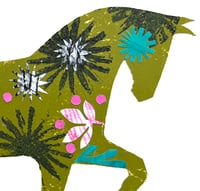 Image 3 of Joan,a green and black monoprinted horse with collage elements.