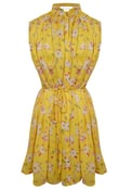 Image of Lemon concealed button stand daisy print chiffon dress.