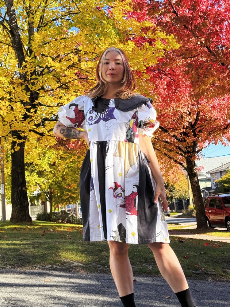 Image of Ruffle Collar Puff Sleeve Dress — Halloween Black Stripe