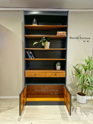 Image of Beautiful Nathan Bookcase in Dark Grey, Walnut Shelves and Antique Brass handles