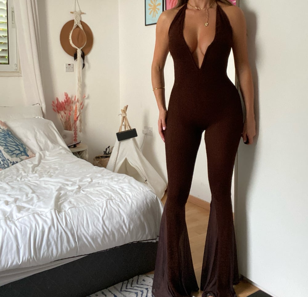Image of Chocolate Brown Crinkle V Wire Mix Flare Jumpsuit