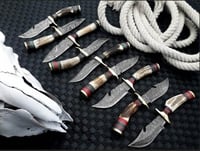 Image 2 of Set Of 10 Handmade Damascus Steel Skinner Knives With Leather Sheaths 