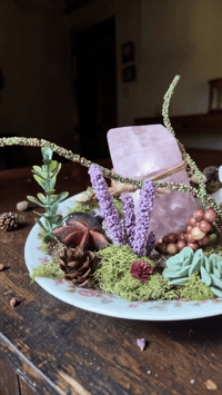 Image 5 of Rose Quartz Selenite Moon Crystal Garden, Vintage Saucer Display