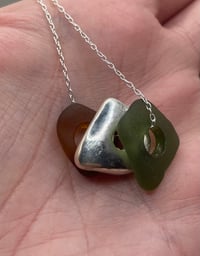 Image 3 of Triple necklace with Green & Brown Sea Glass with a Greek Mykonos Silver Coated Bead 