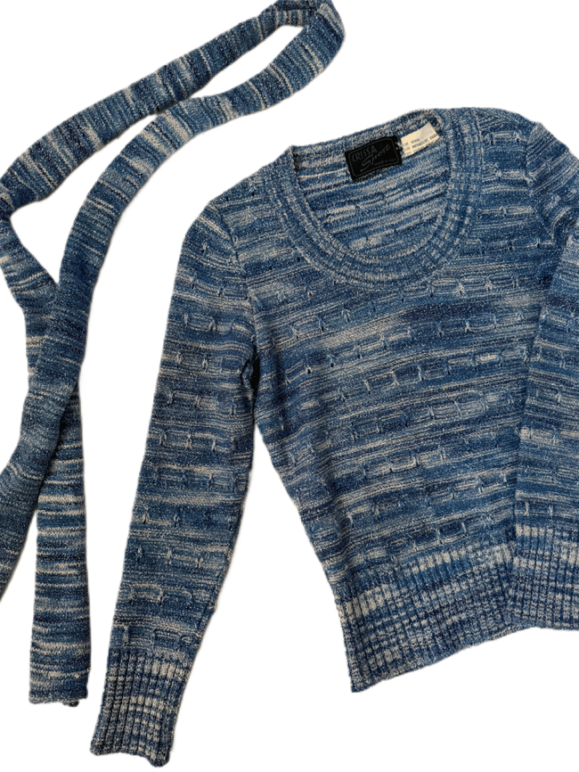 late 1960s Italian wool and lurex scoopneck knit sweater and sash belt scarf 