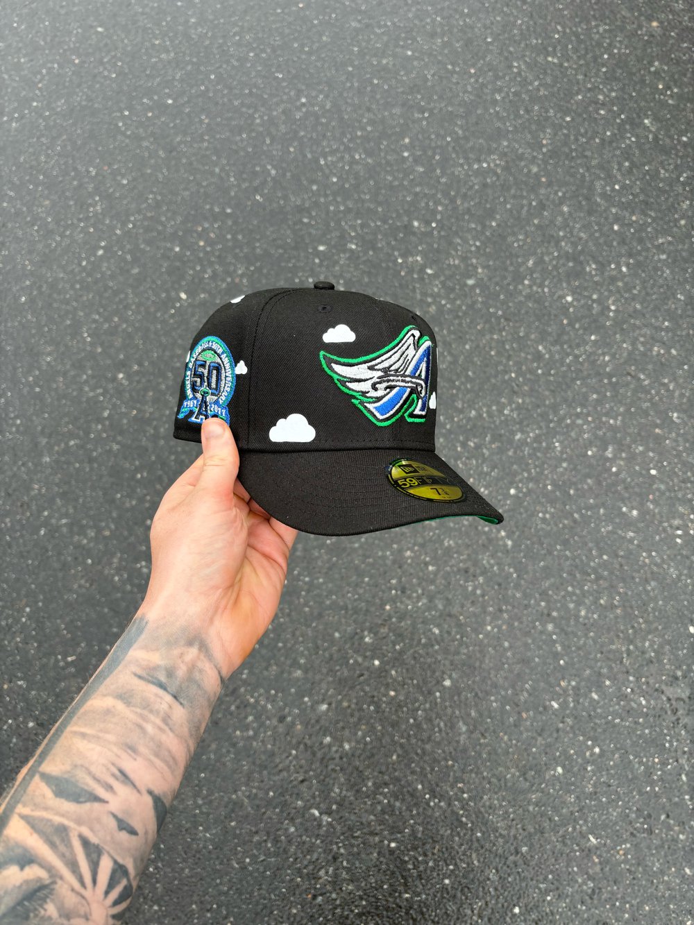 Image of GREEN BRIM PARTLY CLOUDY BLACK ANAHEIM ANGELS CUSTOM FITTED CAP