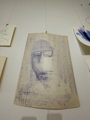 One line male portrait with indigo - mixed technique on vintage paper, 70x50 cm