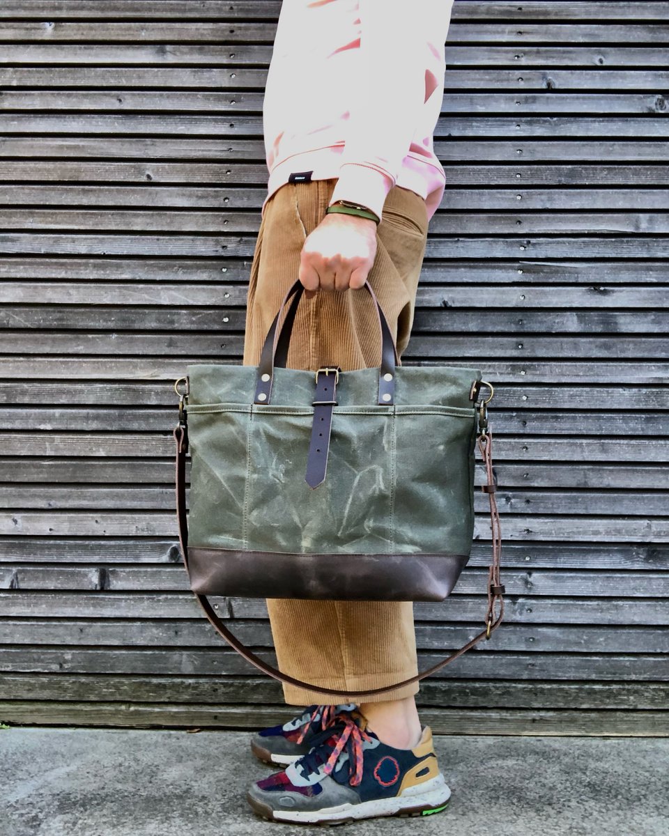 Carryall tote bag in olive green waxed filter twill with leather