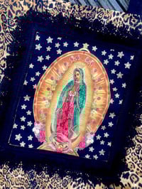 Image 3 of Virgin of Guadalupe leopard shoulder tote bag with vintage black lace trim