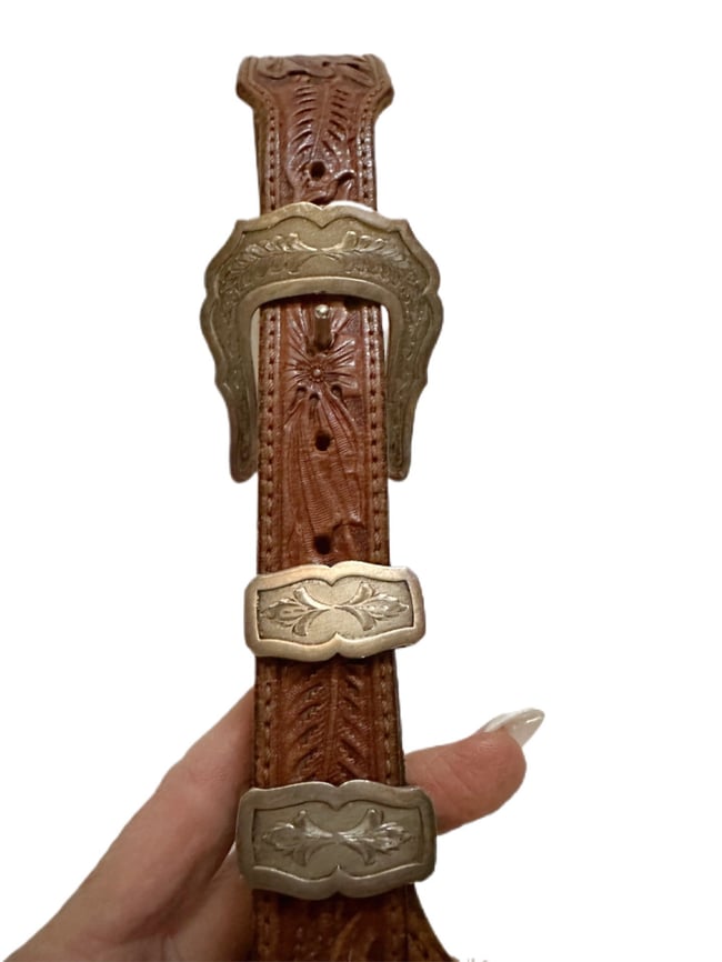 70s sterling silver leather Douglas Madnus Santa Fe belt ranger set