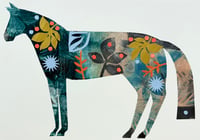 Image 1 of Vince , a green and mustard monoprinted horse with collage elements 