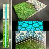 Image 1 of @Kaoticartworks 3-D Resin & Green Amboyna Burl GLOW Segmented Knife Scales