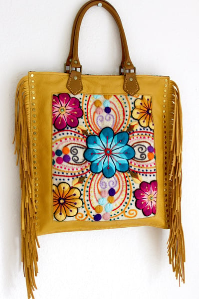 Image of Mustard Handcrafted Floral Tote