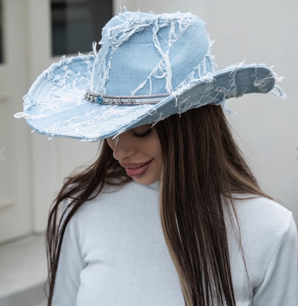 Image of Pointed Band Distressed Denim Western Cowboy Hat