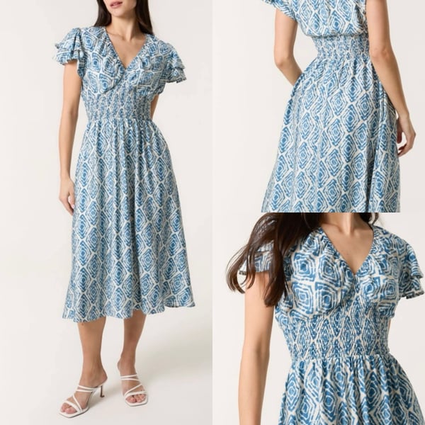 Image of Aztec Frill Shirred Midi Dress