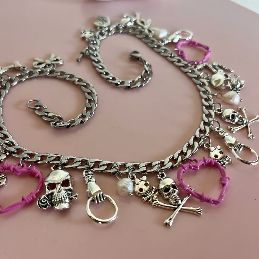 Image of One of a Kind Skull, Pink Barbed Heart and Pearl Necklace