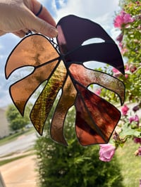 Image 4 of Monstera Leaf Stained Glass Suncatcher - Botanical Home Decor - Earthtones 2