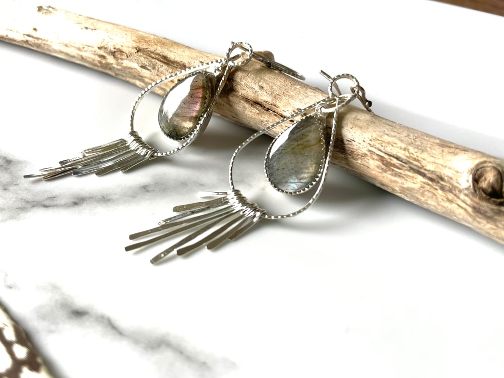 Handmade Sterling Silver Dangly Tassel Labradorite Earrings 925