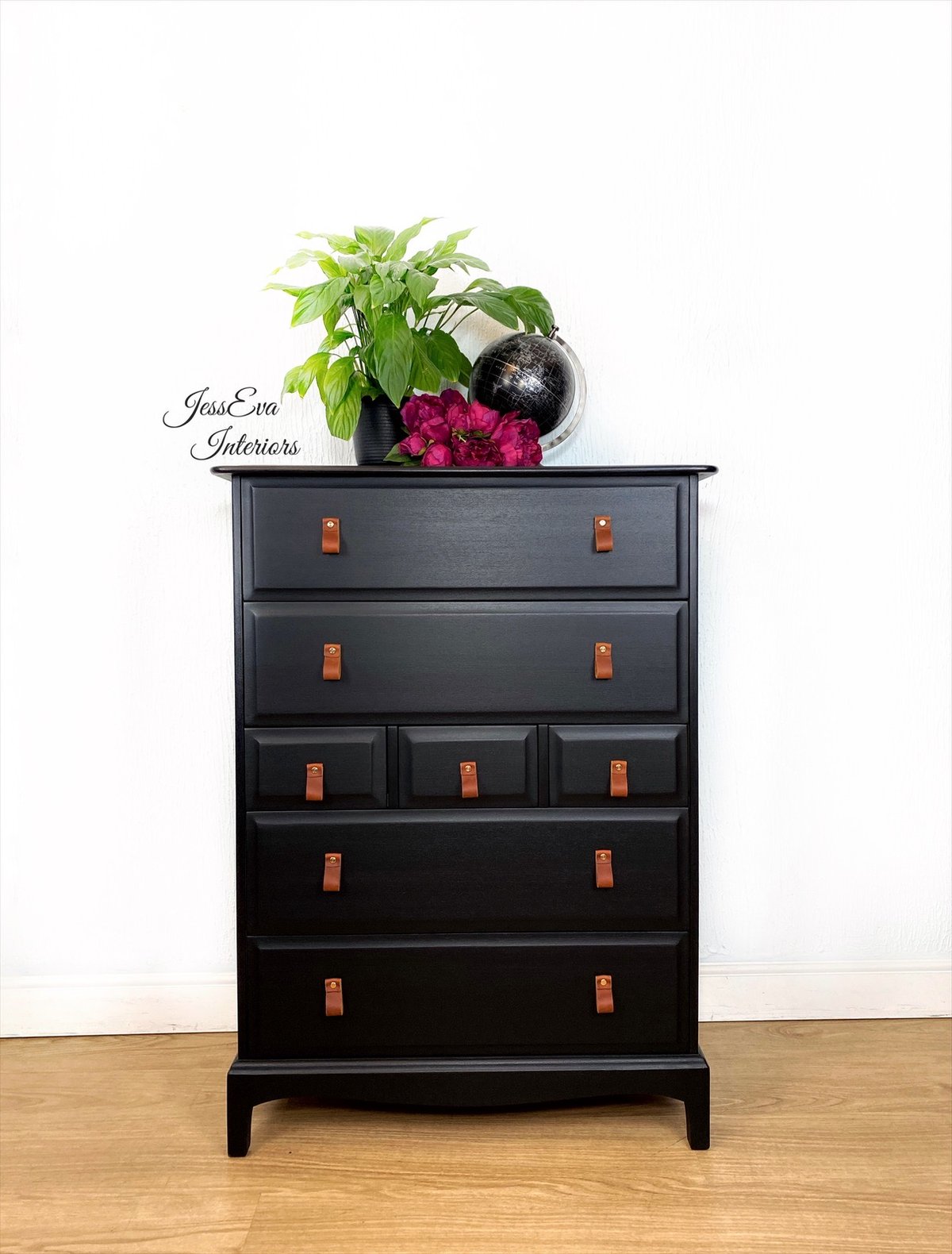 Stag Minstrel Chest Of Drawers  / Stag Tallboy painted in black with leather handles 