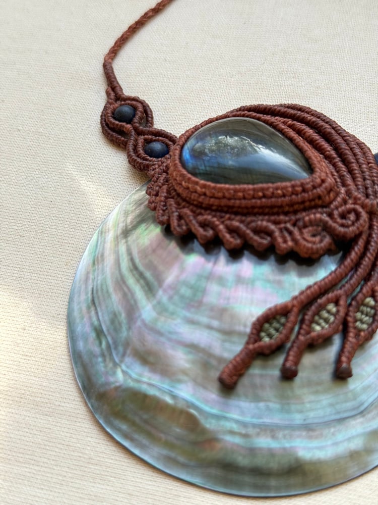 Image of Macrame necklace with labradorite and mother of pearl shell