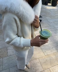 Image 1 of Cream fox fur collar hood cardigan