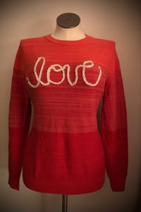 Image 3 of Upcycled “love” cursive yarn sweater in tri-color red