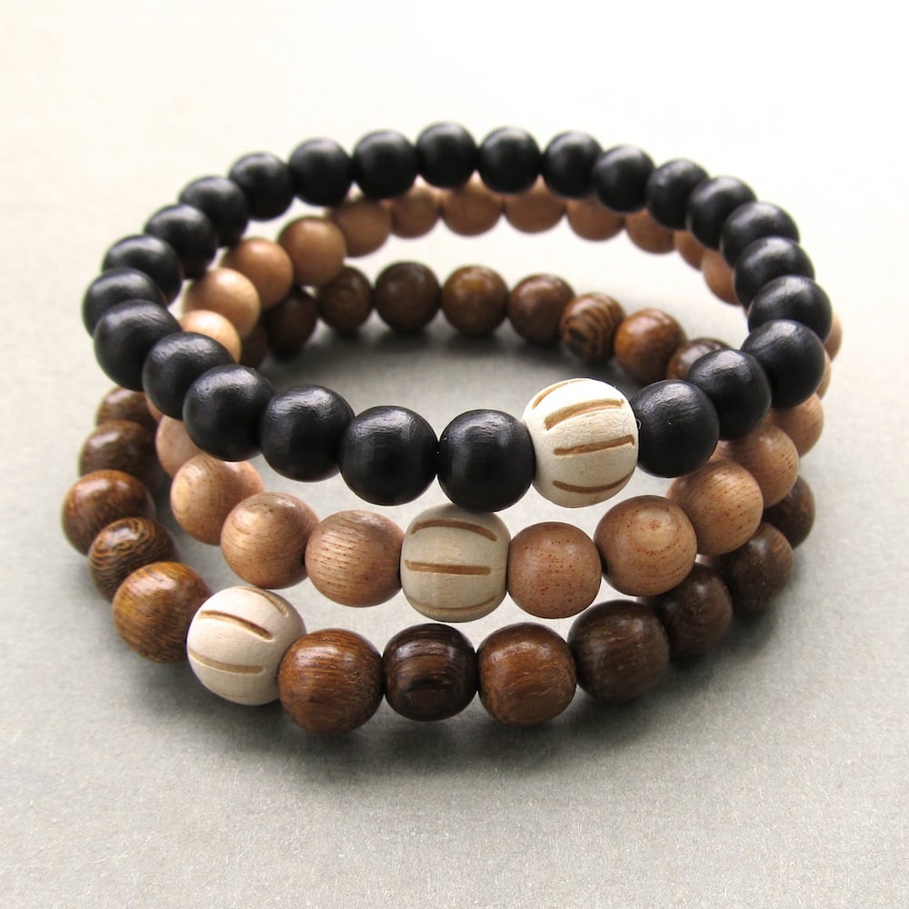 Wooden Beaded Bracelets With Carved Bead - Choose Your Colour