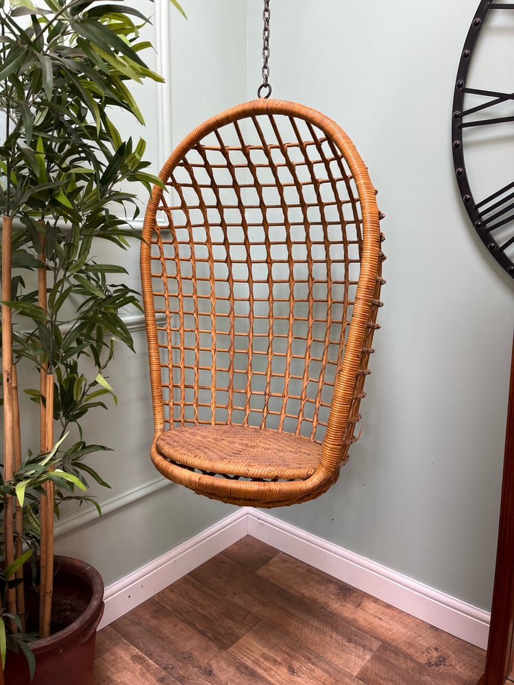 Image of Mid Century hanging wicker and bamboo egg chair