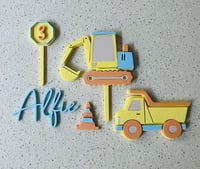 Image 1 of Construction Cake Topper Kit- Trucks/Birthday Number Sign/Cone