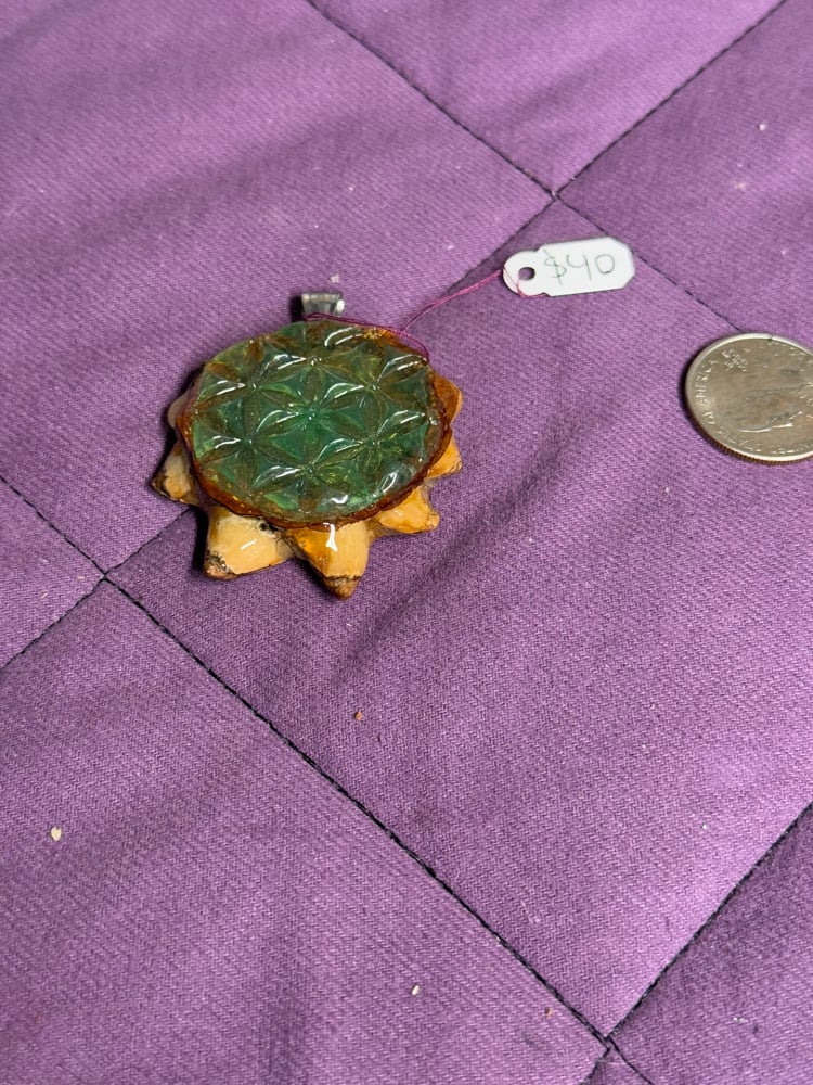 Image of Green Flower of Life Pinecone Charm with Labradorite Center | Handmade PNW Resin Jewelry | #108