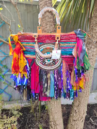 Image 2 of Frill sari tote beach bag bamboo Handles no two the same