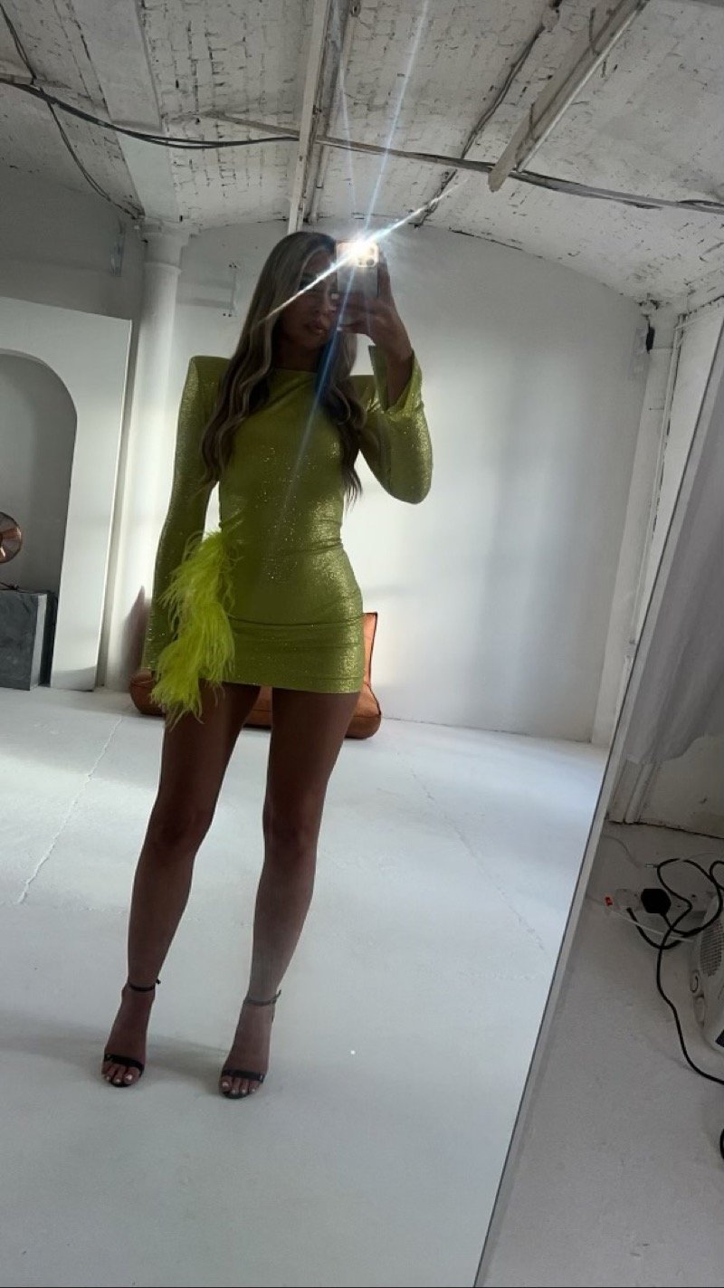 Image of Green glitter dress with ostrich feather detail 