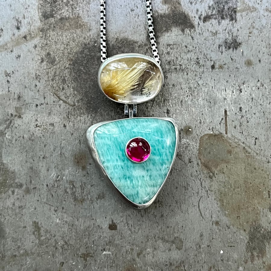 Image of Golden Rutilated Quartz, Ruby, & Amazonite Hinged Pendant 
