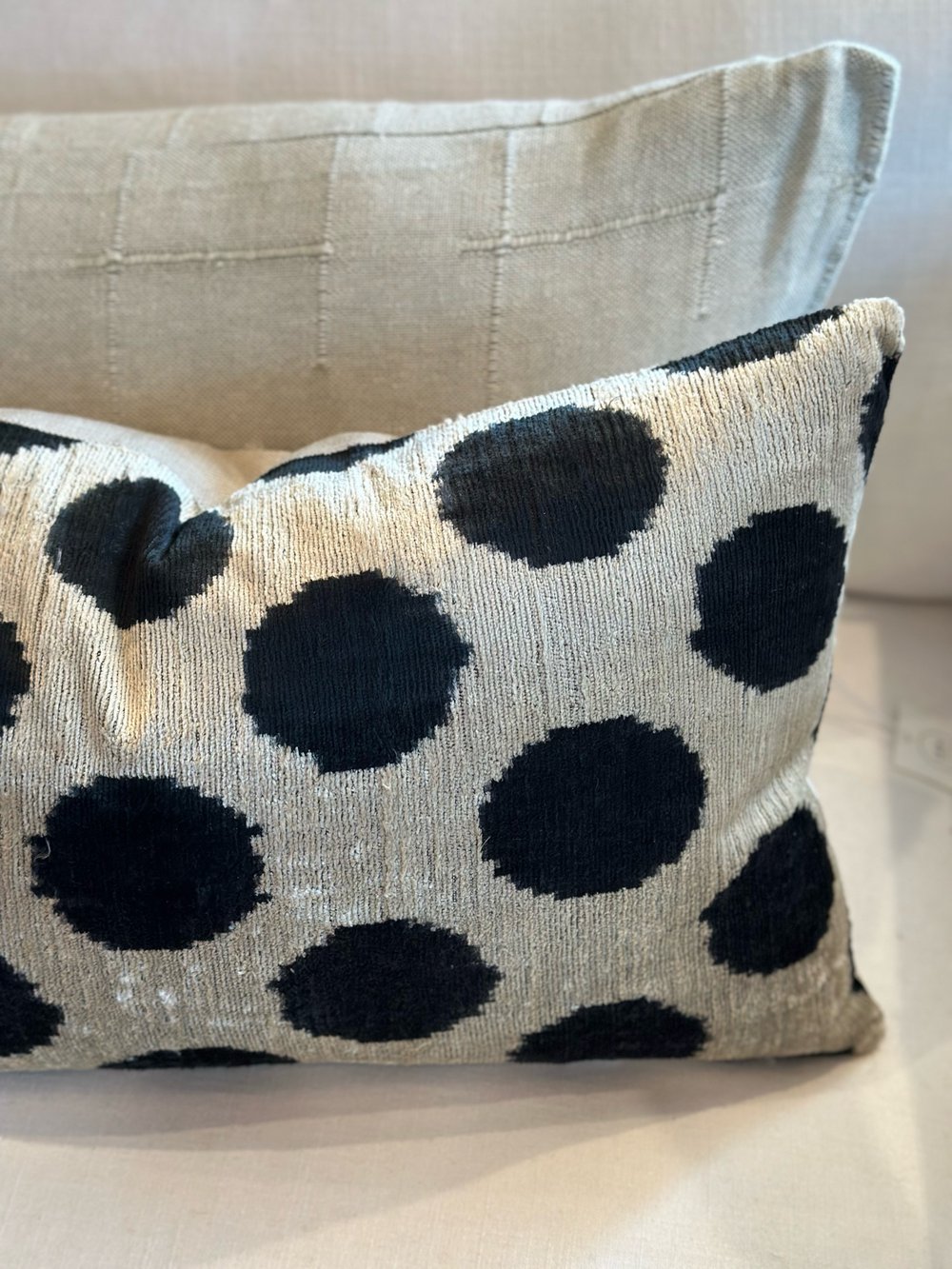 Image of Black Polka Ikat Velvet Cushion 