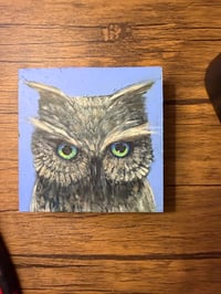 Image 3 of Acrylic Oil and Graphite painting on Wood “Blue Green Dawn Owl” by Sheila Cameron