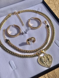 Image 3 of 18k Gold Plated/Stainless Steel Cuban Necklace Chain Set, Heart Pendant Lady of Guadalupe & Cross