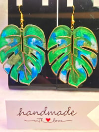 Image 3 of Handcrafted Resin Large Monstera Leaf Earrings 