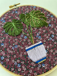 Image 2 of Original Hand Embroidery Artwork - “Illuminated Monstera” (Purple Tiny Floral)