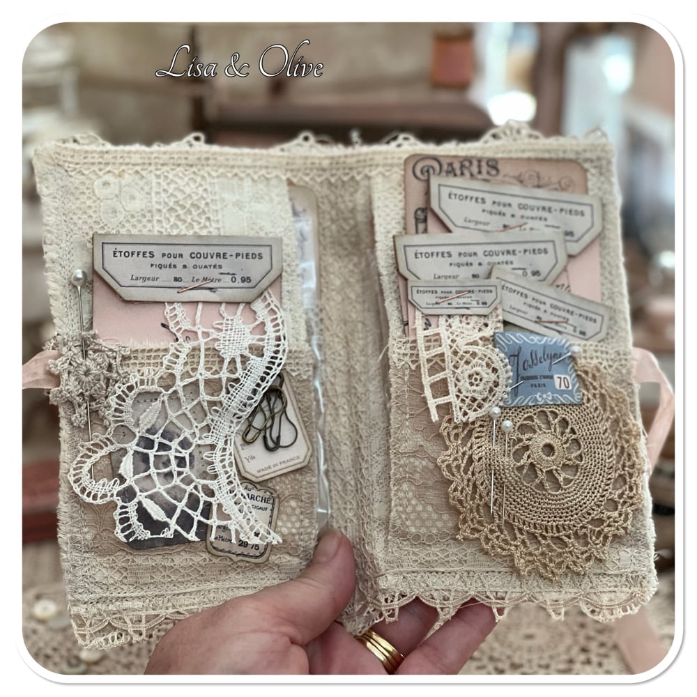 Junk Journal fabric folder book full of lace samples and supplies