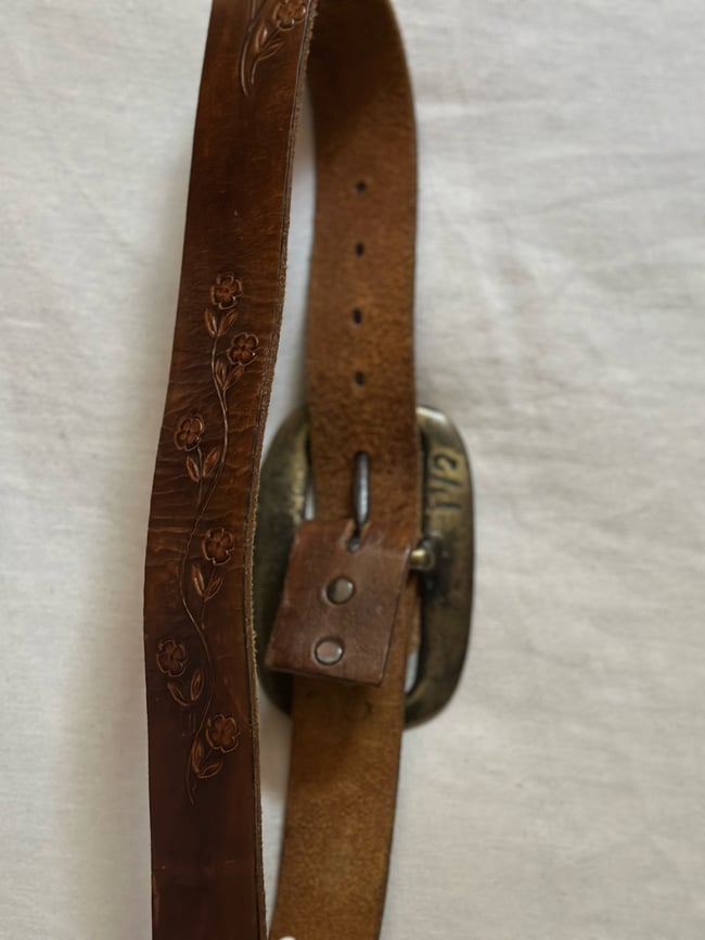 late 60s/early 1970s tooled leather belt with massive brass buckle