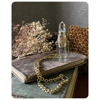 Image 4 of Rollerball Glass Vial Necklace - Clear Quartz Tower Floral Detail and Solid Brass 