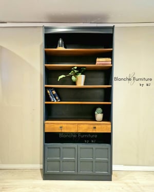 Image of Beautiful Nathan Bookcase in Dark Grey, Walnut Shelves and Antique Brass handles