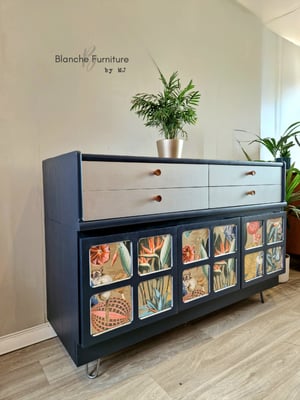Image of Stunning Nathan Sideboard in Navy Blue with Decoupaged Squares, Silver Drawers