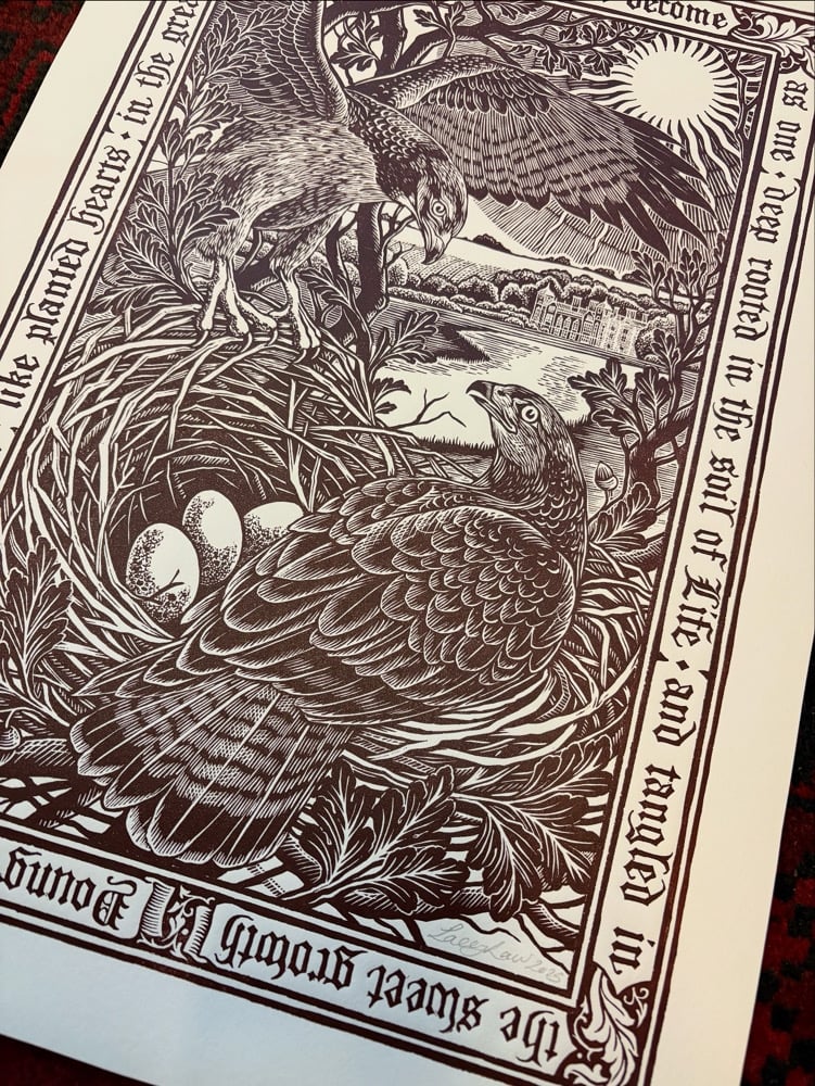 Image of ‘Blickling Buzzards’ Original Woodcut Print - Mahogany on Ivory